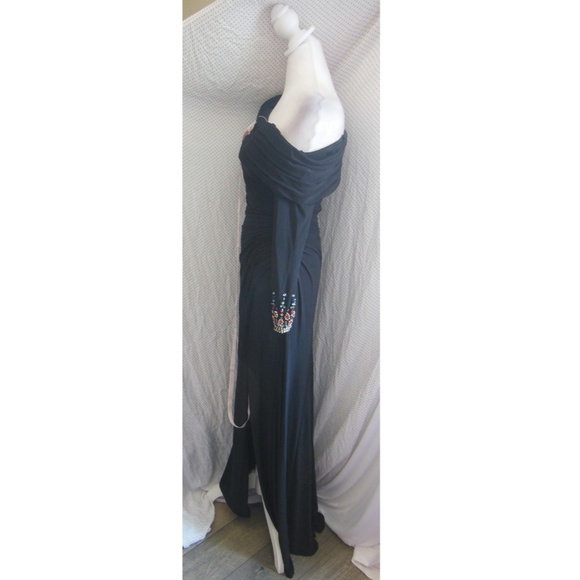NEW Mac Duggal Black OFF THE SHOULDER Jersey JEWEL CUFFS Ruched HIGH SLIT GOWN 2 - Picture 8 of 14